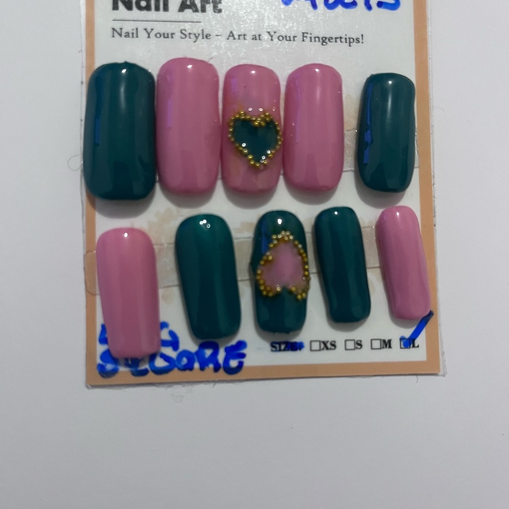 Pink & Teal Heart Accent Press-On Nails - Women Makeup Press-On Nails